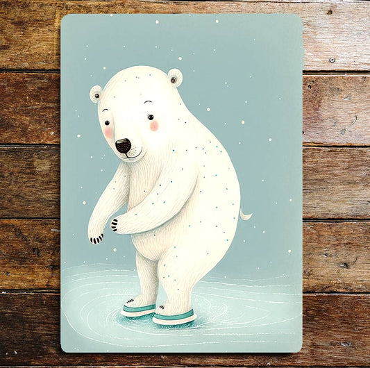 Cute Happy Polar Bear Ice Skating Snowing | Metal Sign Plaque