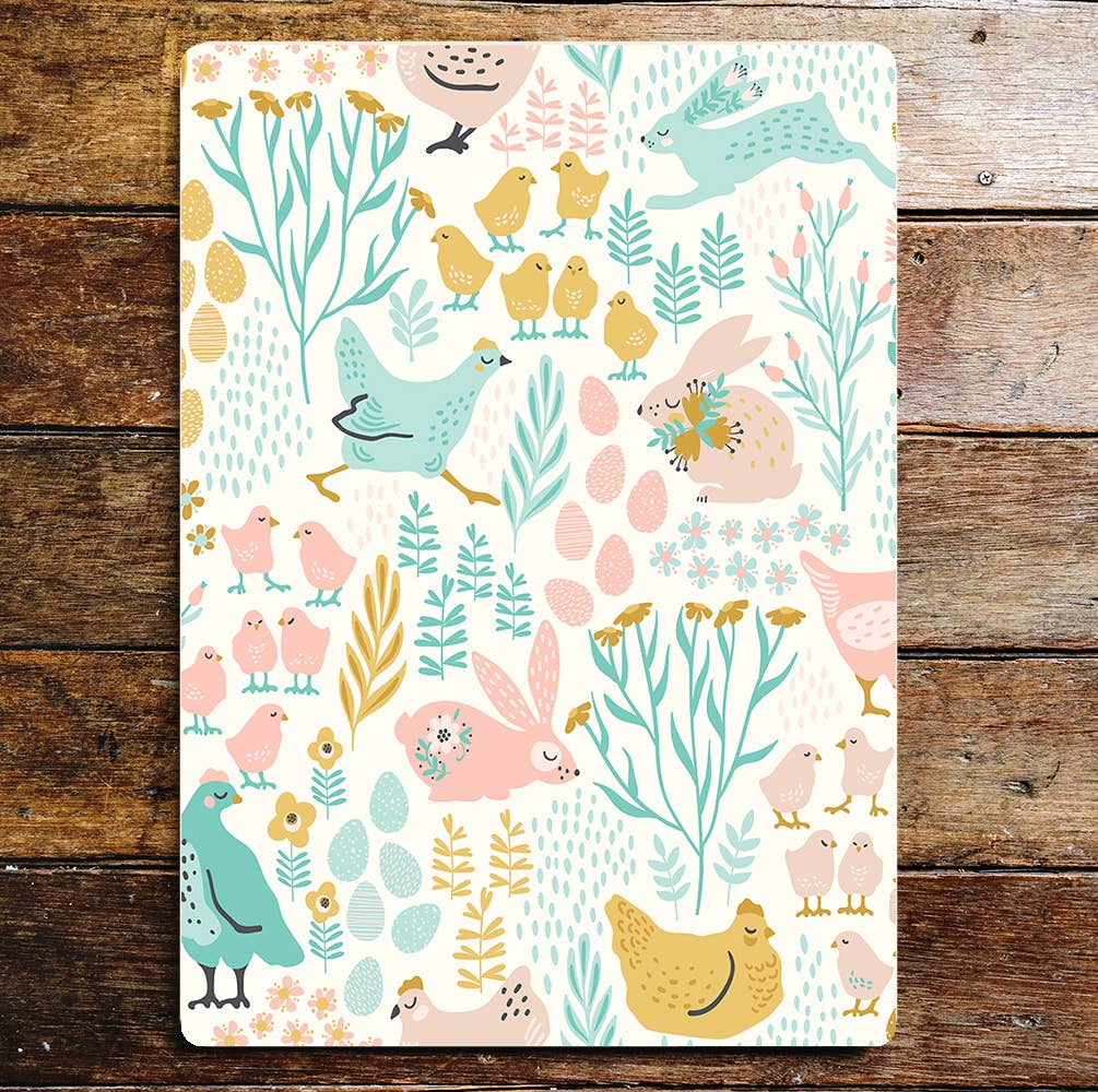 Chickens And Chicks Flowers Eggs Easter | Metal Sign Plaque