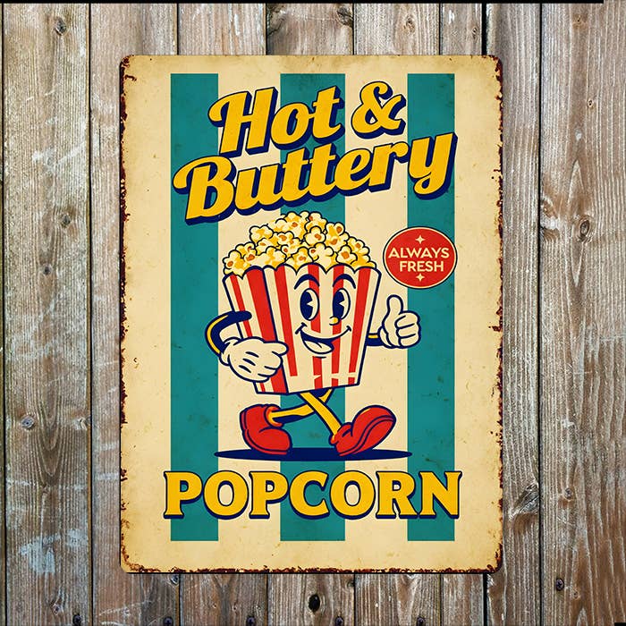 Hot & Buttery Popcorn Kitchen Retro | Metal Sign Plaque