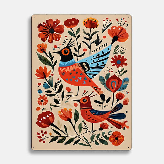 Vibrant Birds scandinavian folk | Metal Sign Plaque