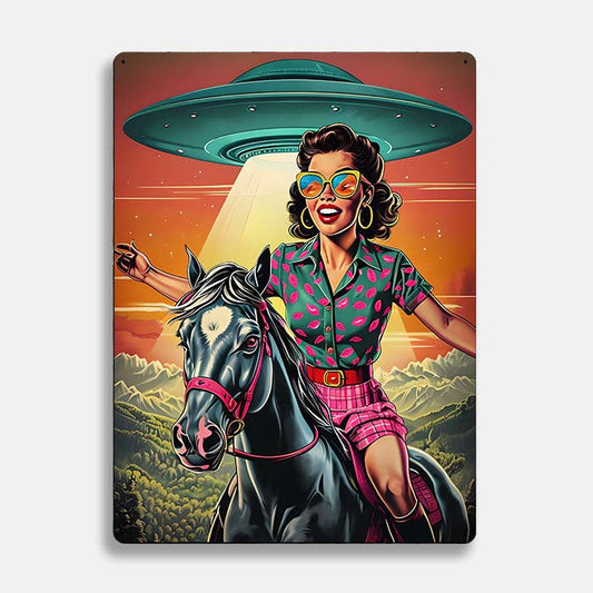 Pop Art Woman Riding Horse Under UFO Alien Metal Sign Plaque