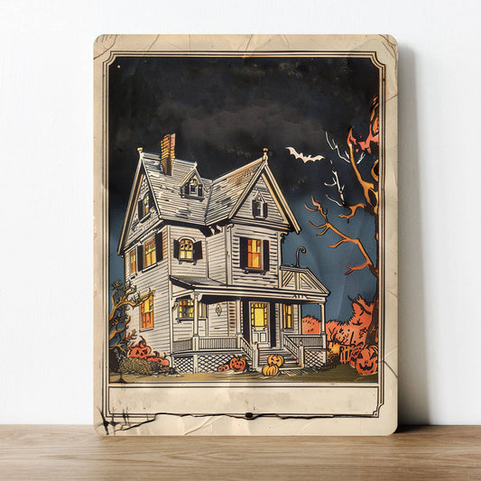 Haunted House Bat Night VintageHalloween | Metal Sign Plaque