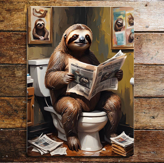 Newspaper Sloth On the Toilet Bathroom | Metal Sign