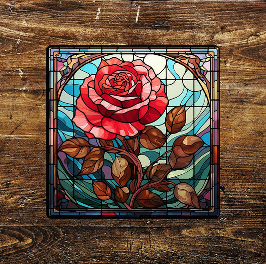 Red Pink Rose Stained-Glass Affect | Metal Sign Plaque Square
