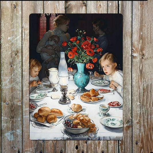 Vintage Family Gathering Around Table | Metal Sign Plaque