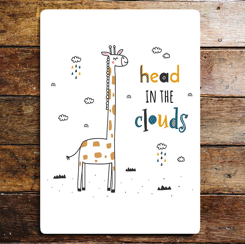 Cartoon Giraffe Head In The Clouds Cute | Metal Sign Plaque