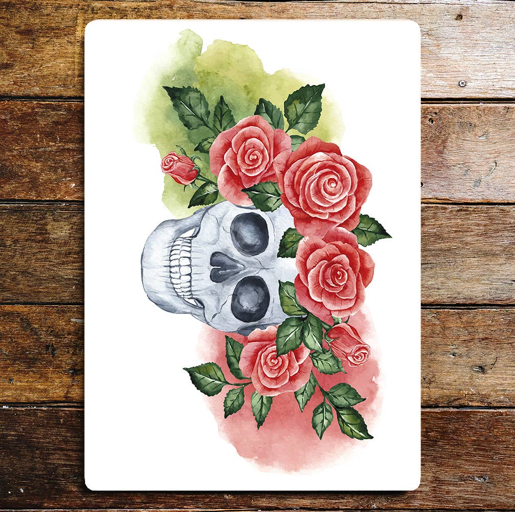 Skull Red Roses Leaves Metal Sign Plaque