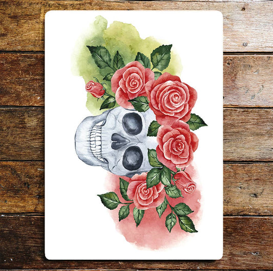 Skull Red Roses Leaves Metal Sign Plaque