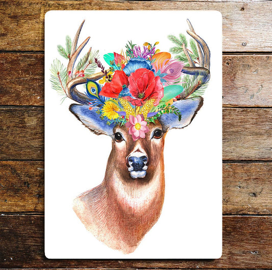 Deer stag buck flower hat wall art | Metal Sign Plaque