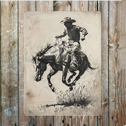 Sketch of Cowboy Rodeo Western Art Metal Sign Plaque