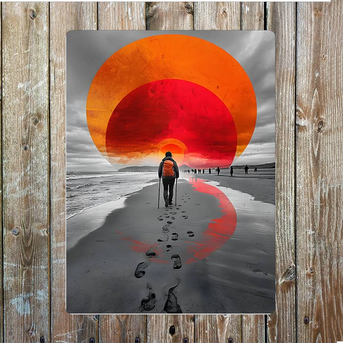 Grayscale Beach Scene walking Orange Sun | Metal Sign Plaque