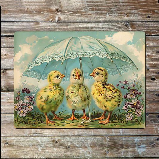 Vintage Easter Chicks Under Umbrella | Metal Sign Plaque