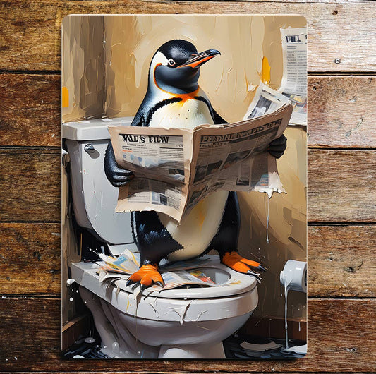 Penguin newspaper On the Toilet Bathroom | Metal Sign