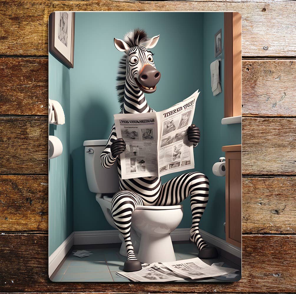 Zebra Cartoon On the Toilet Bathroom | Metal Sign