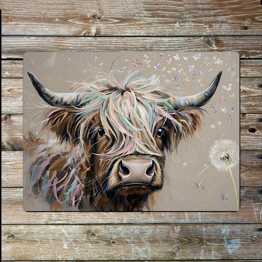 Highland Cow Butterfly Pastel Drawing | Metal Sign Plaque