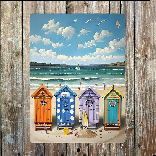 Bright Beach Huts Sea Nautical | Metal Sign Plaque