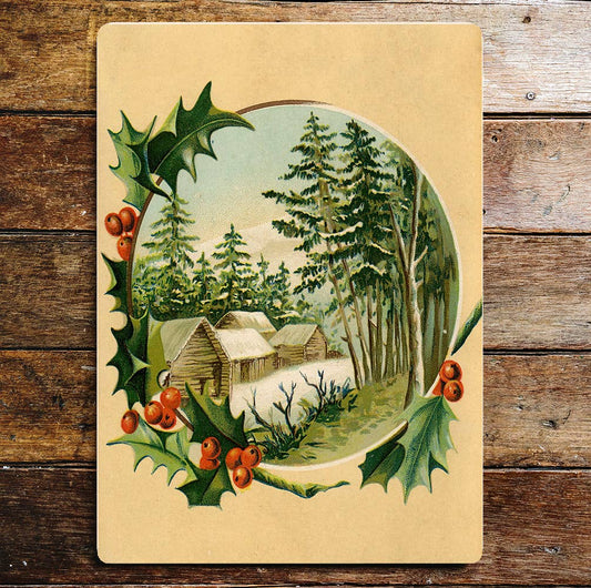 Vintage Winter village Cabin snow Wall | Metal Sign Plaque
