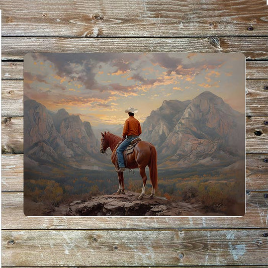 Lone Cowboy On Horse Painting Western Art | Metal Sign Plaque