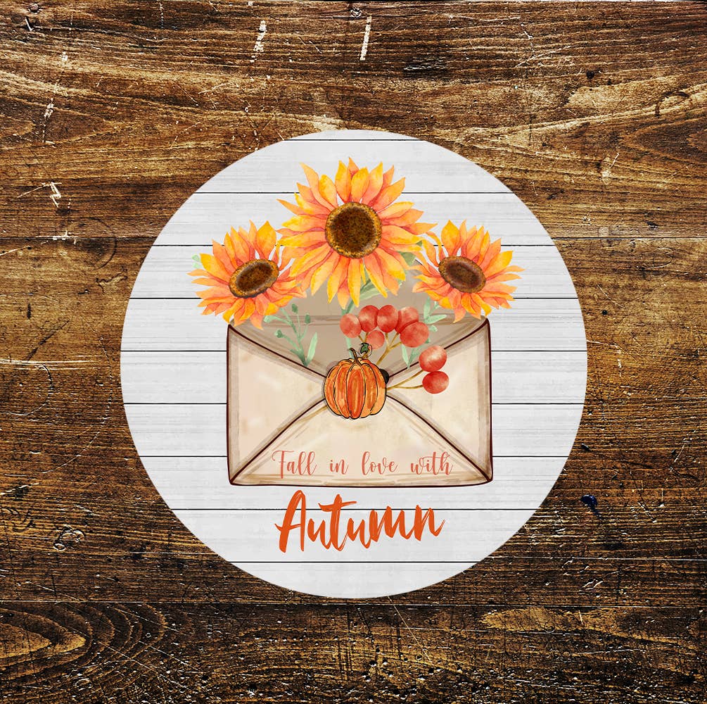 Fall In Love With Autumn Envelope Flower Circle Metal Sign