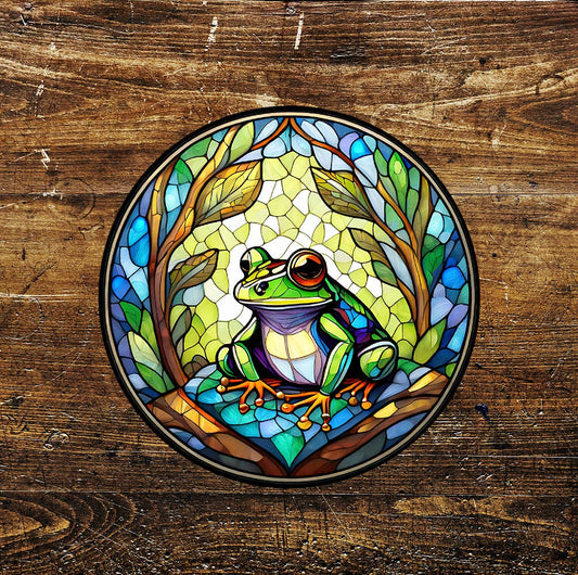 Frog Leaves Tree Stained Glass affect Circle Metal Sign