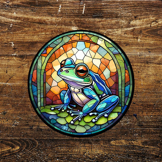 Frog In Arch Stained Glass affect Circle Metal Sign