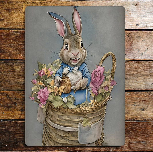 Rabbit In Jacket Floral Basket Metal Wall Sign