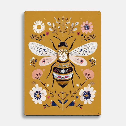 Bee Botanical Flowers scandinavian folk | Metal Sign Plaque