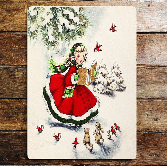 Girl Retro Christmas Carol Singing Winter | Metal Wall Sign