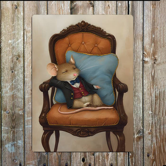 Sleeping Mouse On A Armchair | Metal Sign Plaque