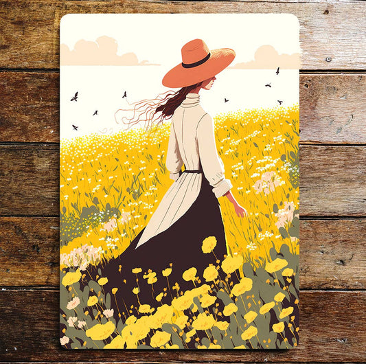 Girl In Hat Yellow Flower Fields Birds | Metal Sign Plaque