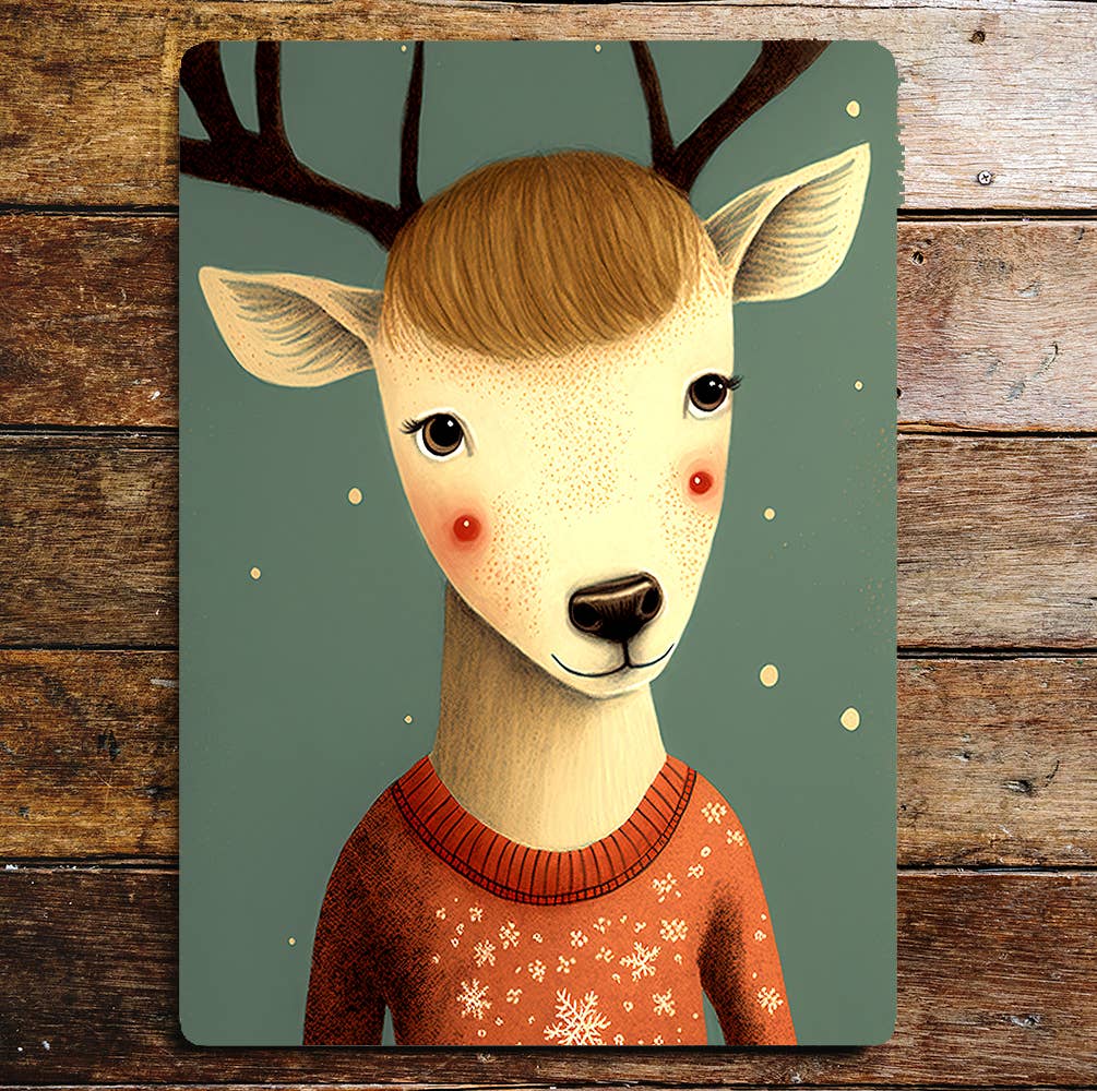 Cute Reindeer Head Portrait Jumper Snow | Metal Sign Plaque