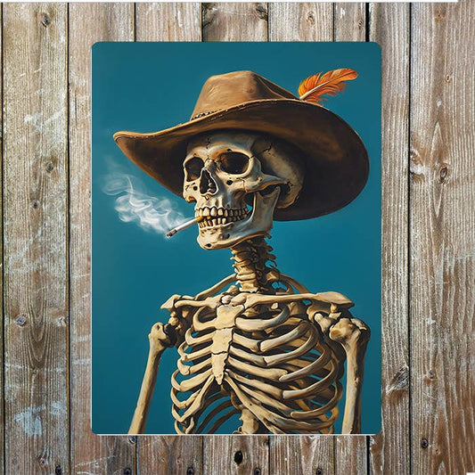 Skeleton In Cowboy Hat Western Metal Sign Plaque
