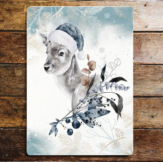 Deer Christmas Hat wall paper Art | Metal Sign Plaque
