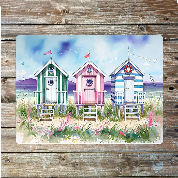 Colorful Beach Huts Sandy Beach Nautical | Metal Sign Plaque