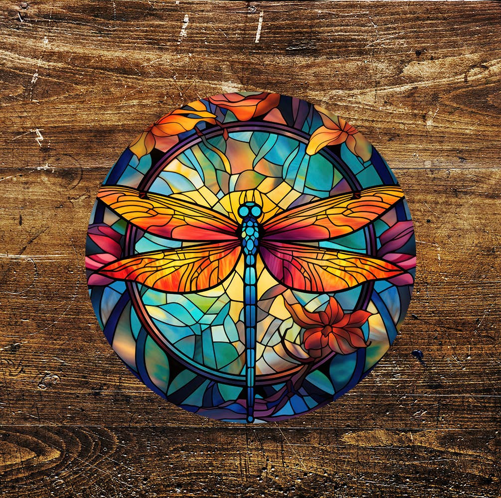 Dragonfly Stained Glass Mural Affect Circle Metal Sign