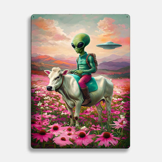 Flower Field Cow Cowboy Alien UFO Retro | Metal Sign Plaque