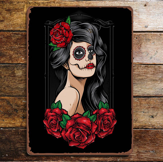 day of the dead lady skull roses | Metal Wall Sign