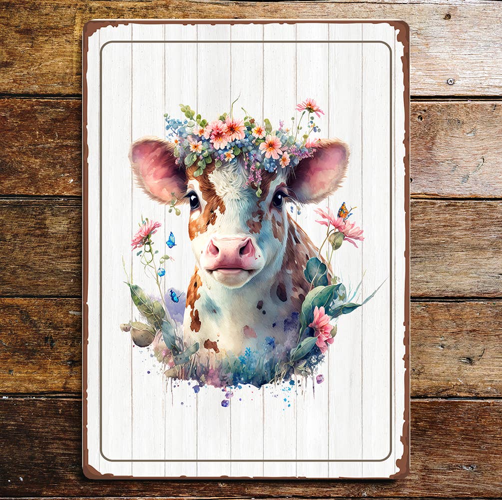 Cute Brown And White Cow Flowers | Metal Sign Plaque