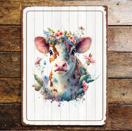 Cute Brown And White Cow Flowers | Metal Sign Plaque