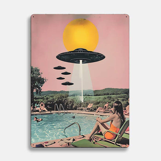 Surreal Pool Scene And UFO Alien Metal Sign Plaque
