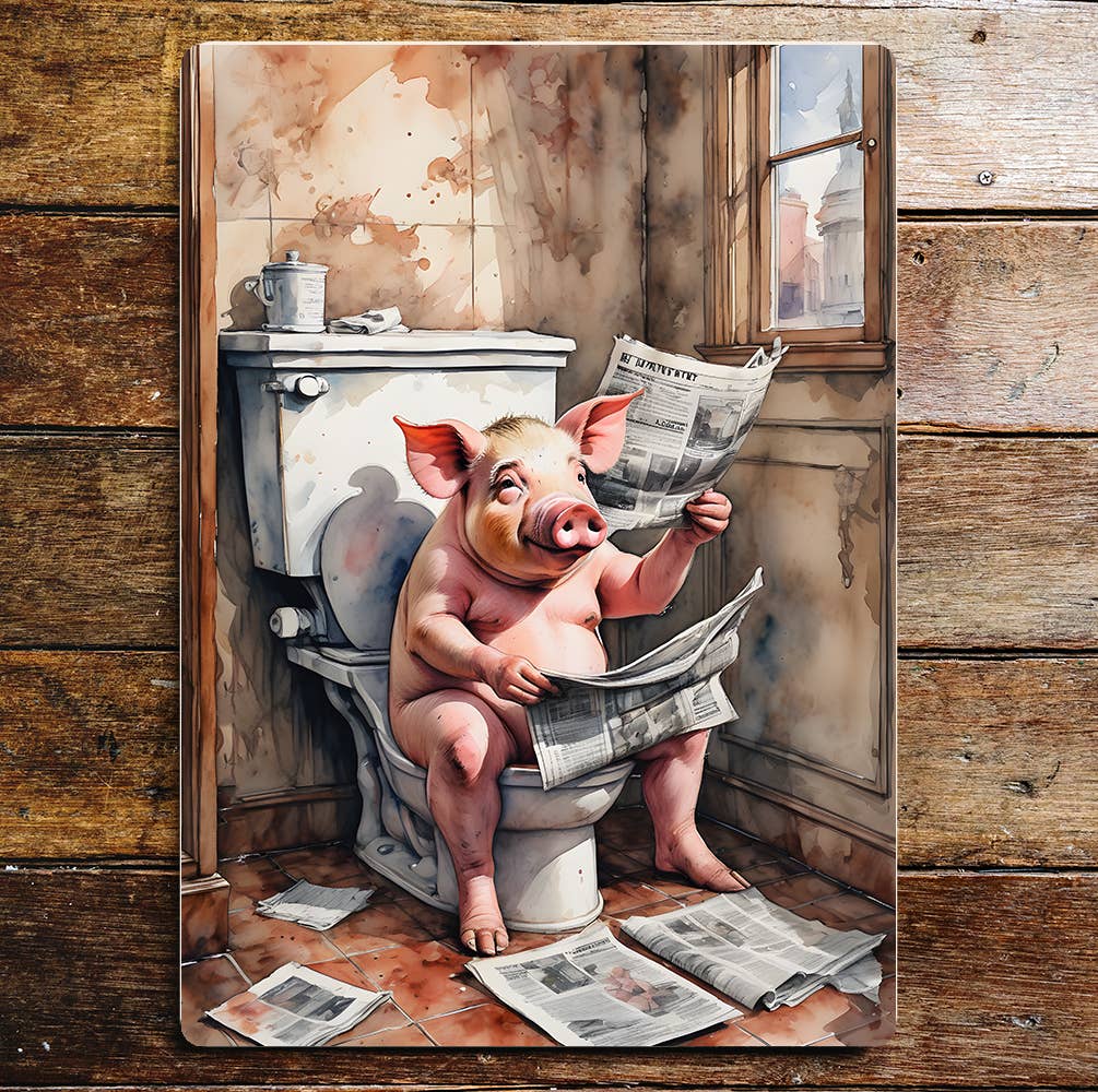 Pig Newspaper On the Toilet Bathroom | Metal Sign