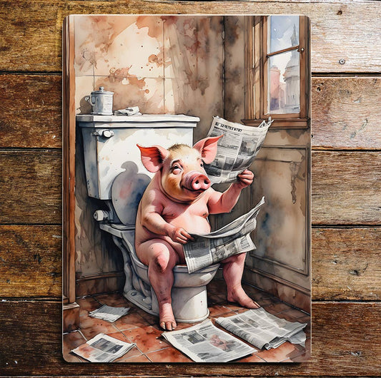 Pig Newspaper On the Toilet Bathroom | Metal Sign