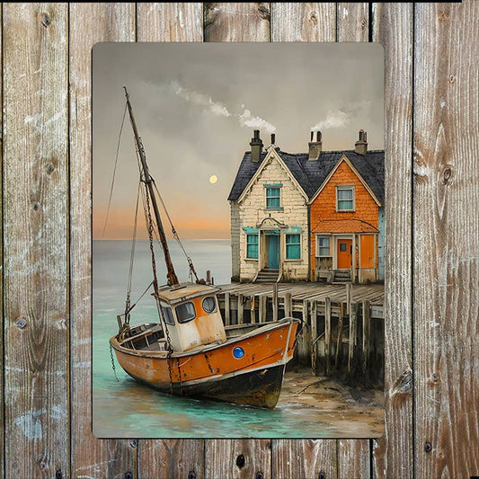 Tranquil Coastal Scene Boat Sea Nautical Metal Sign Plaque
