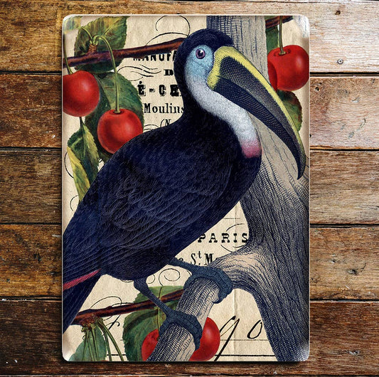Toucan Bird Cherry Tree Yellow Black Metal Sign Plaque