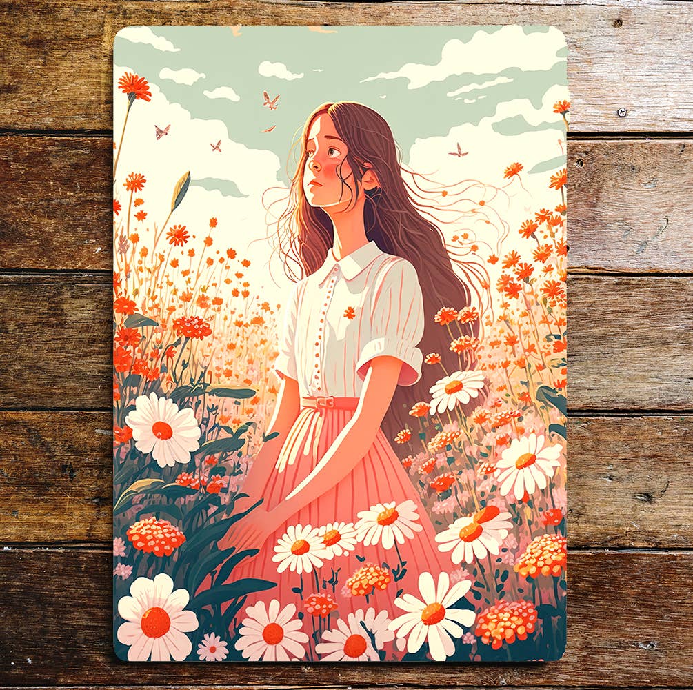 Girl Flower Fields Daisy's Sunny Days | Metal Sign Plaque
