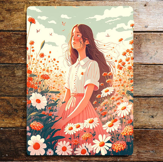 Girl Flower Fields Daisy's Sunny Days | Metal Sign Plaque
