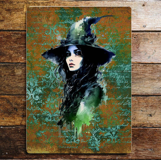 Pretty Green Witch Halloween Metal Sign Plaque