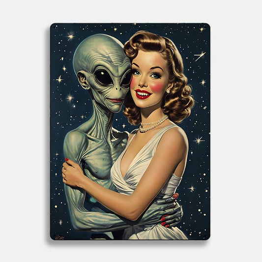 Embrace Between Woman And Alien UFO Alien | Metal Sign Plaque