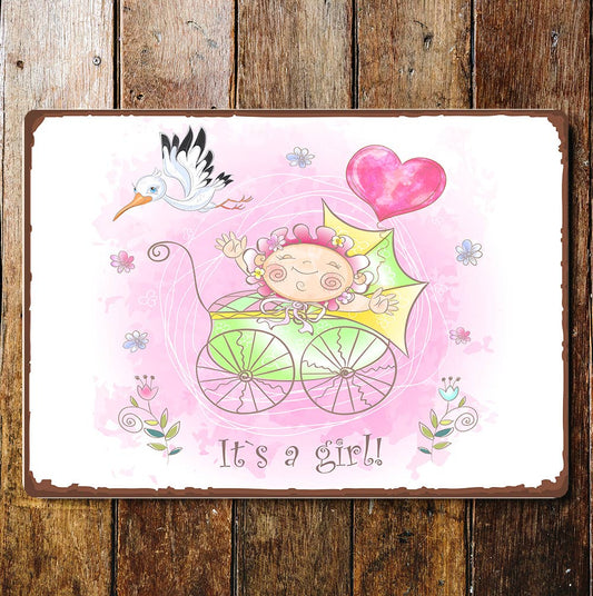 It's A Girl Stork Pushchair | Metal Wall Sign Plaque