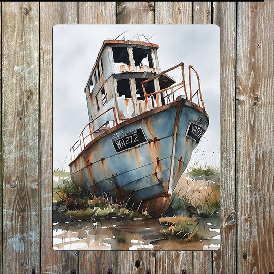 Watercolor Rusty Boat Sea Nautical | Metal Sign Plaque